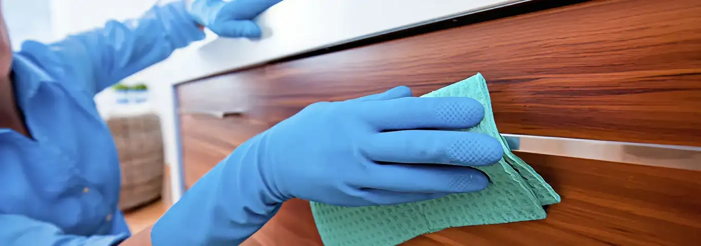 Cleaner wearing blue gloves wiping a wooden cabinet drawer with a microfiber cloth for dust and grime removal, Des Moines, IA.