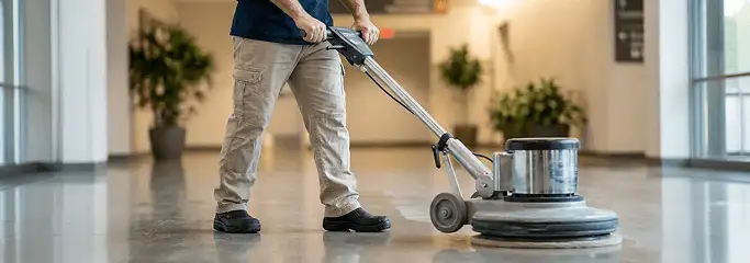 Professional technician using an industrial floor buffer to polish and maintain shiny commercial flooring in a corporate hallway in Des Moines, IA.