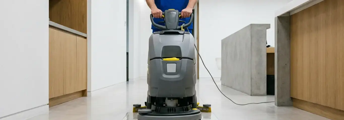 Janitorial staff using a floor scrubber machine to clean a commercial hallway, Des Moines, IA.