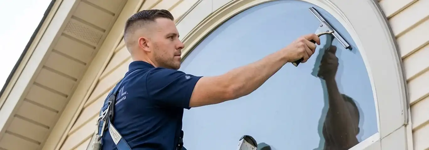 Professional window cleaner using a squeegee to clean an exterior arched window on a home, Des Moines, IA.