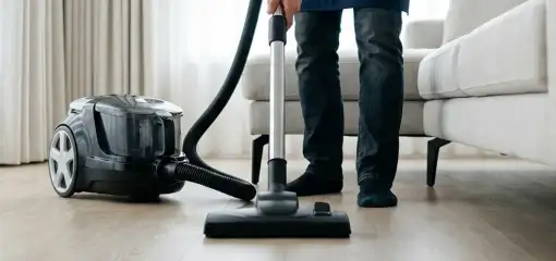 Professional house cleaner vacuuming a living room floor with a canister vacuum cleaner, Des Moines, IA.