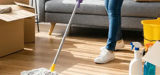 Move-out cleaning setup with a cleaner mopping hardwood floors near moving boxes and cleaning supplies, Des Moines, IA.