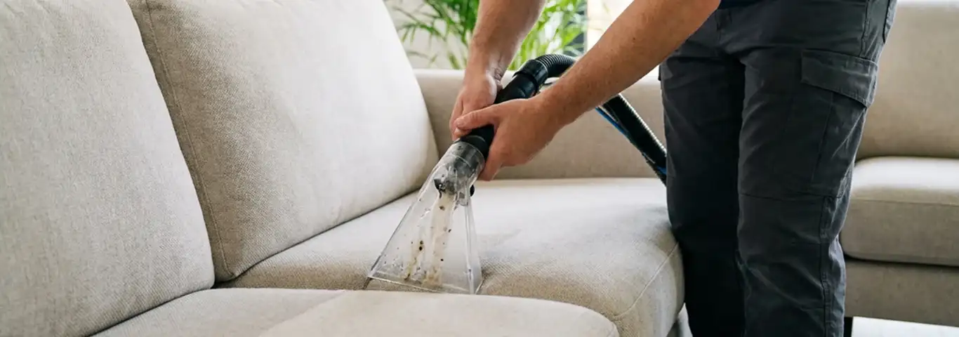 Technician extracting dirt and moisture from a fabric sofa with an upholstery cleaning wand, Des Moines, IA.