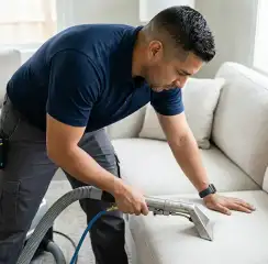 Professional upholstery cleaning technician using an extraction wand to deep-clean a fabric sofa, Des Moines, IA.