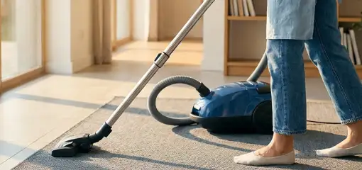 Person vacuuming a living room rug with a canister vacuum cleaner near large windows, Des Moines, IA.